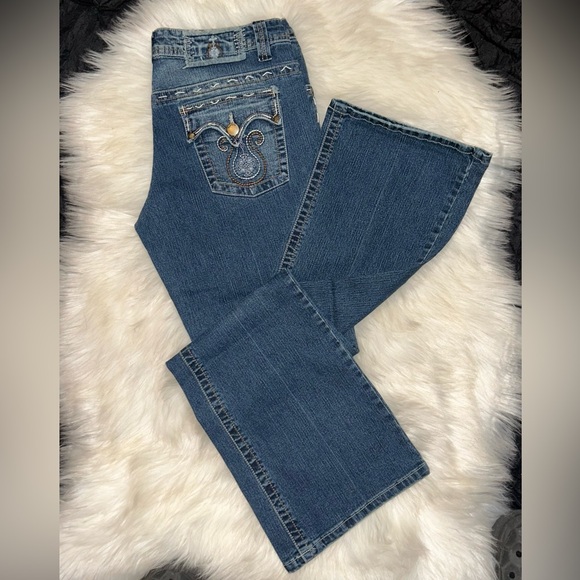 Woman’s Y2K Crest Collection Denim Blue Jeans Boot Leg Stitch Design Size 9/10 - Picture 7 of 9